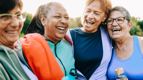 Multiracial sport senior women having fun together after exercise workout outdoor at city park